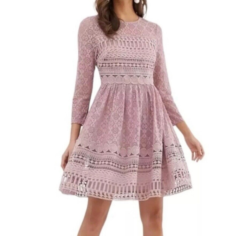 ASOS Pink A-line Skater Dress with 3/4 Sleeves and Crew Neck for Wedding Guest